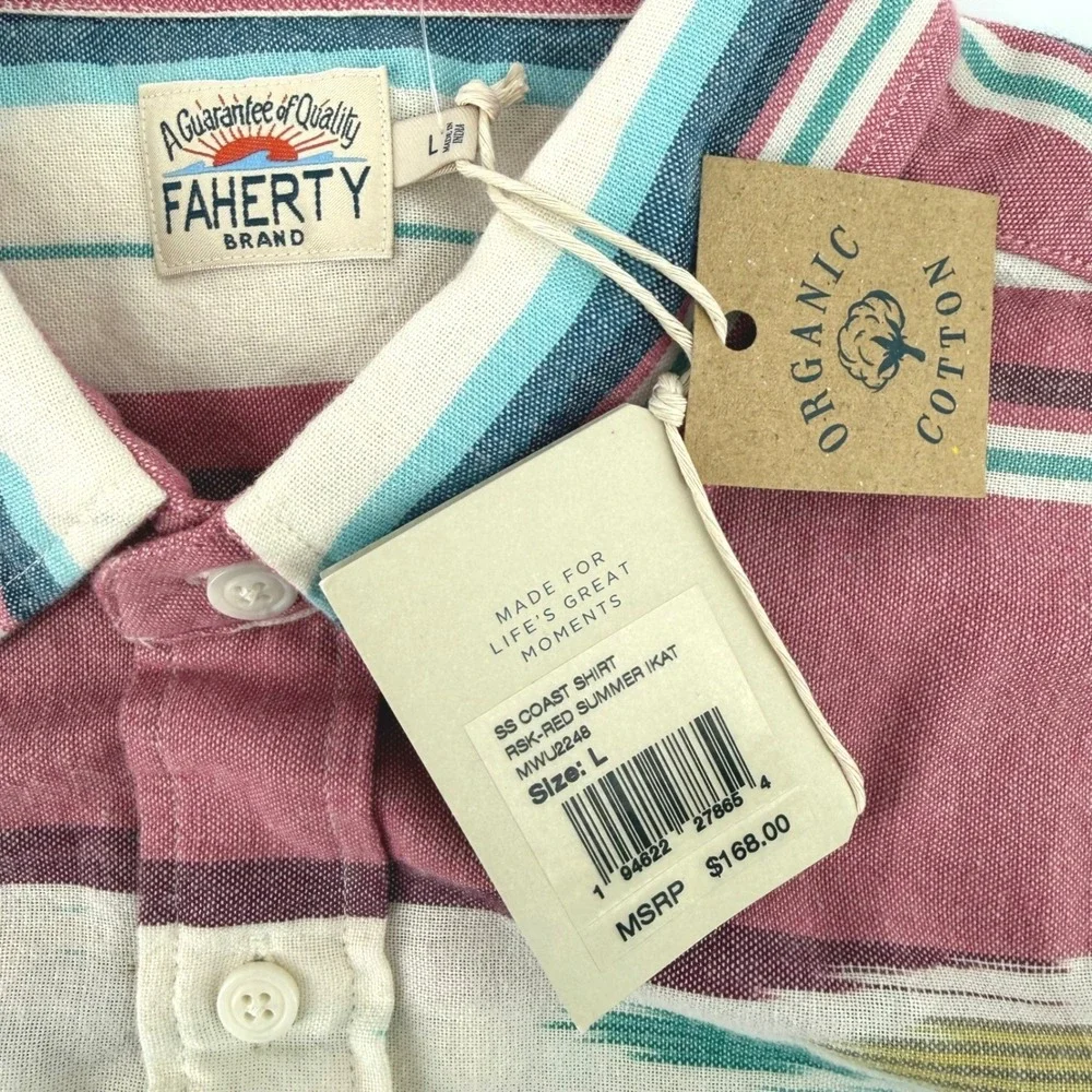 Faherty SS Coast Shirt Red Summer Ikat Organic Cotton Stripe Mens‎ Large NEW
